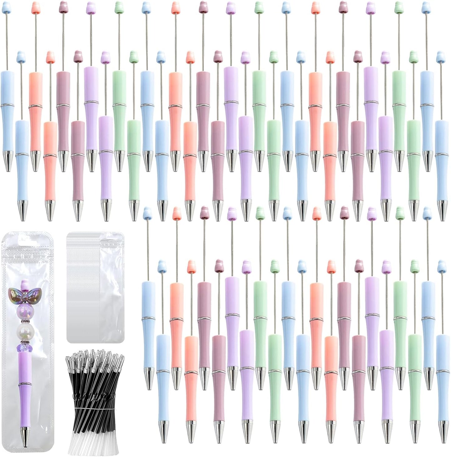 150 Pieces DIY Beadable Pen Kit – 50 Plastic Ballpoint Pens with Refills & Bags, Beads Not Included – School Supplies, Office Accessories & Craft Gifts for Students & Teachers (Multicolor)