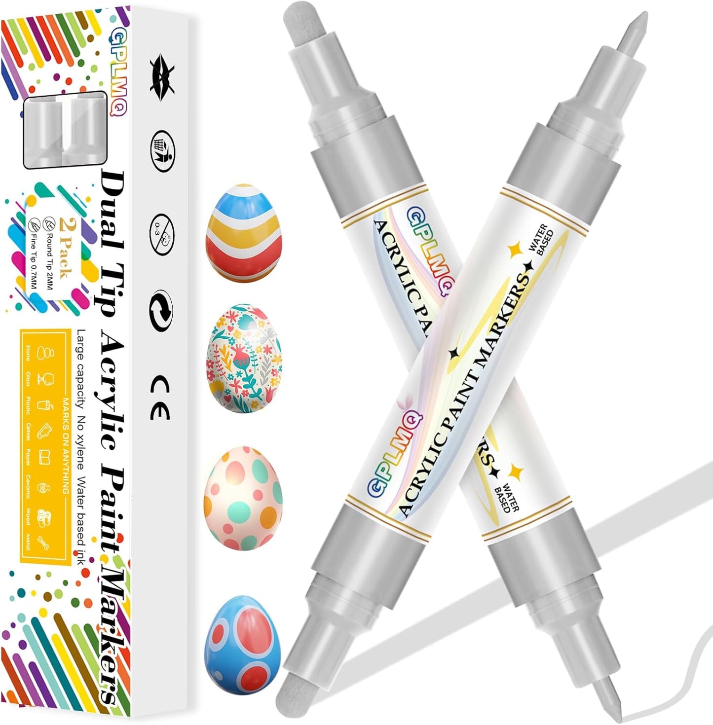 Paint Markers Paint Pens - 2 Pack Dual Tip Acrylic Permanent Marker (0.7mm & 3mm), Non-Toxic, Water-Based for Art Painting, Stone, Ceramic, Glass, Wood, Fabric, Metal, DIY Crafts (White)