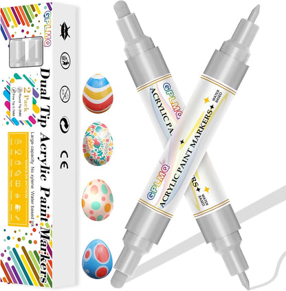 Paint Markers Paint Pens - 2 Pack Dual Tip Acrylic Permanent Marker (0.7mm & 3mm), Non-Toxic, Water-Based for Art Painting, Stone, Ceramic, Glass, Wood, Fabric, Metal, DIY Crafts (White)
