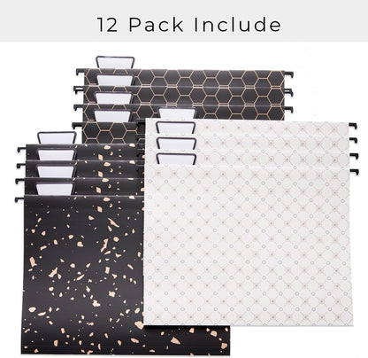Y YOMA 12 Pack Rose Gold Hanging File Folders Letter Size Decorative File Folder Cute Pretty Hanging Folder Organizer for Filing Cabinet Office Home with 1/5-Cut Adjustable Tabs, 3 Gold Foil Design