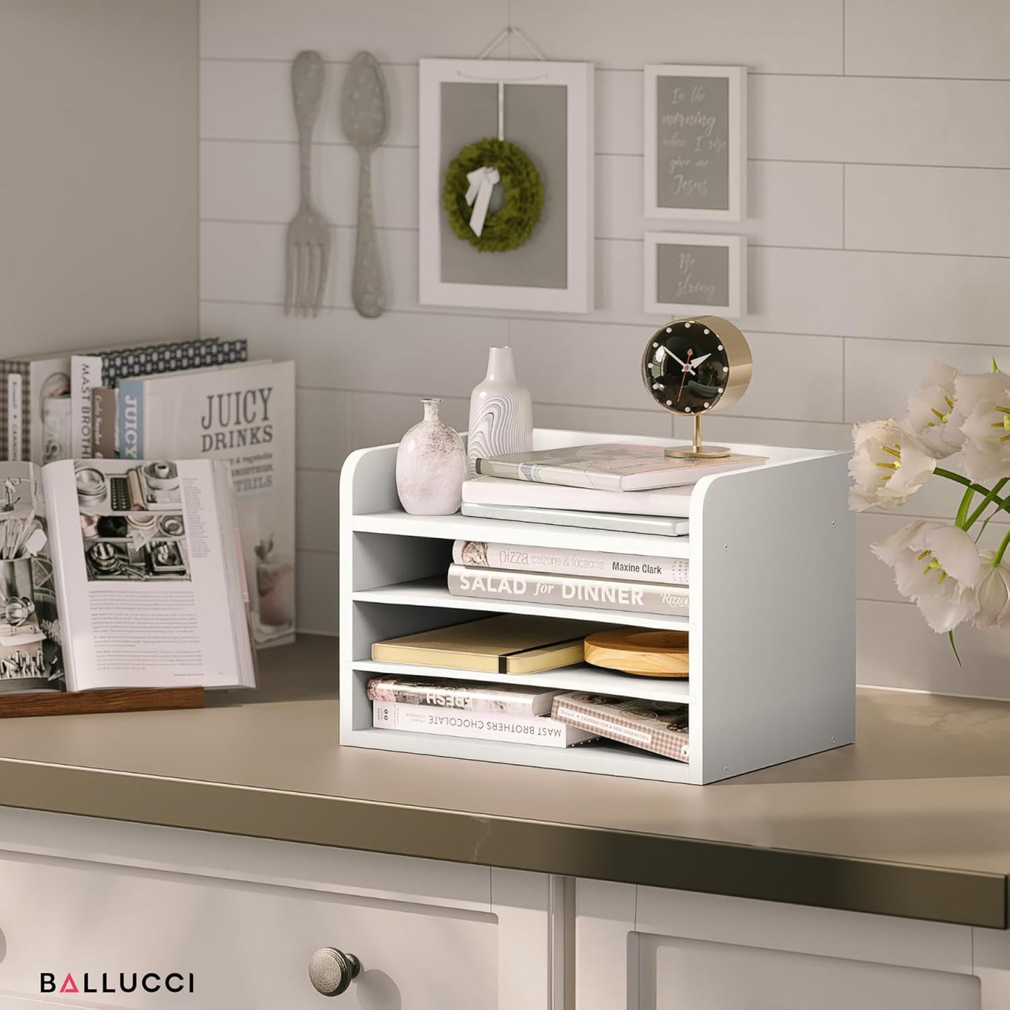 Ballucci 4-Tier Paper Organizer for Desk, Stackable Tray, Desk Storage Organizer Shelves, Stacking Letter Paper Tray Sorter for Classroom Office, Black