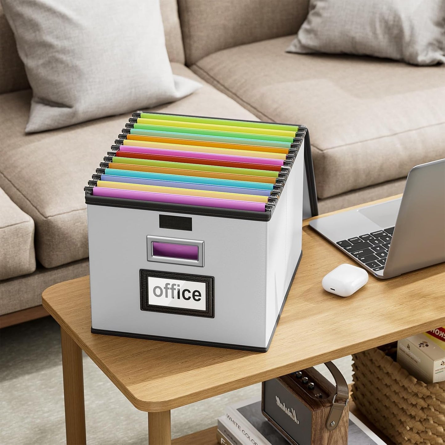 Huolewa Upgraded Portable File Organizer Box with Lid, Collapsible Linen Hanging Filing Storage Boxes with Plastic Slides, Decorative Home/Office Filing System Box for File and Folders Storage (Gray)