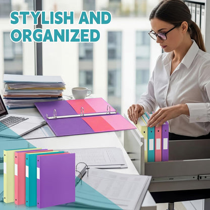 Henoyso 4 Pack Plastic Two-Tone View 3 Ring Binder, 1 Inch Round Ring Binder with Four Inner Pockets, Heavy Duty View Binders for School and Office, Pink, Teal, Purple and Lime (Clear Font Pocket)