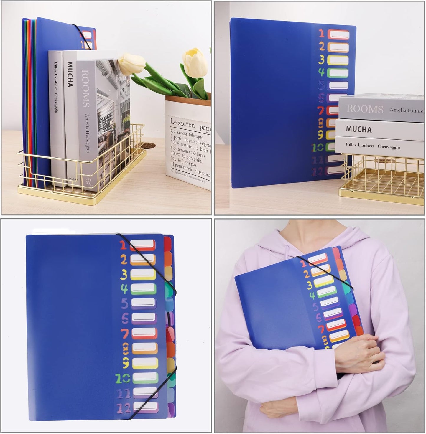 Edufun Rainbow Tab Expanding File Folder - 24 Pockets, Durable A4 Letter Size Organizer, Water-Resistant Plastic Dividers, Home/Office/School Document Holder (Black)