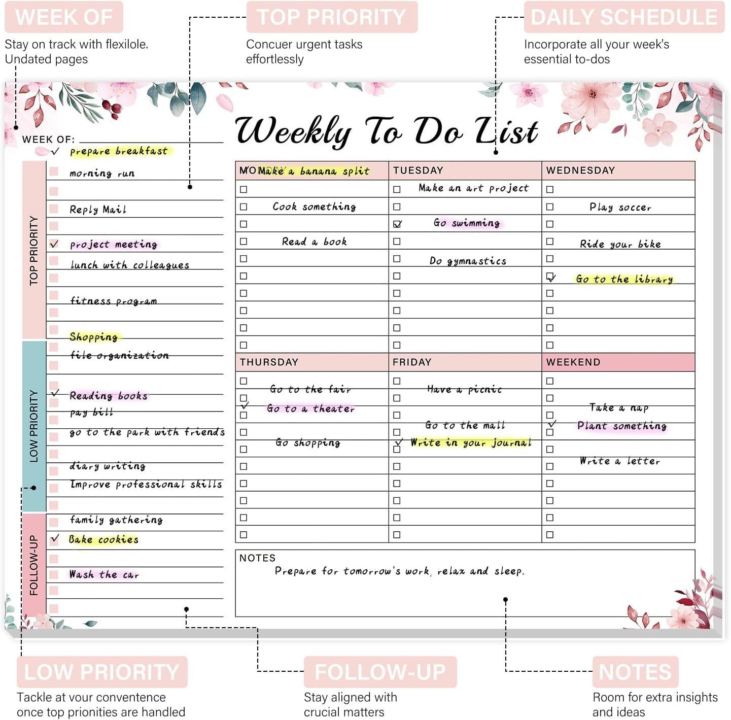 Weekly To Do List Notepad with 52 Undated Sheets（8.5"×11"）- Weekly Desk Planner Pad with Spiral Binding for Women & Man, Office, School and Home Personal Organizer