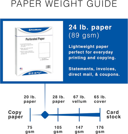 PrintWorks Professional 3 2/3" Horizontal Perforated Paper 8.5” x 11” - Perfect For W-2, 1099, & Statement Use - Made in the USA - 500 Sheets - 20 lb - Printer Compatible - White (04124)
