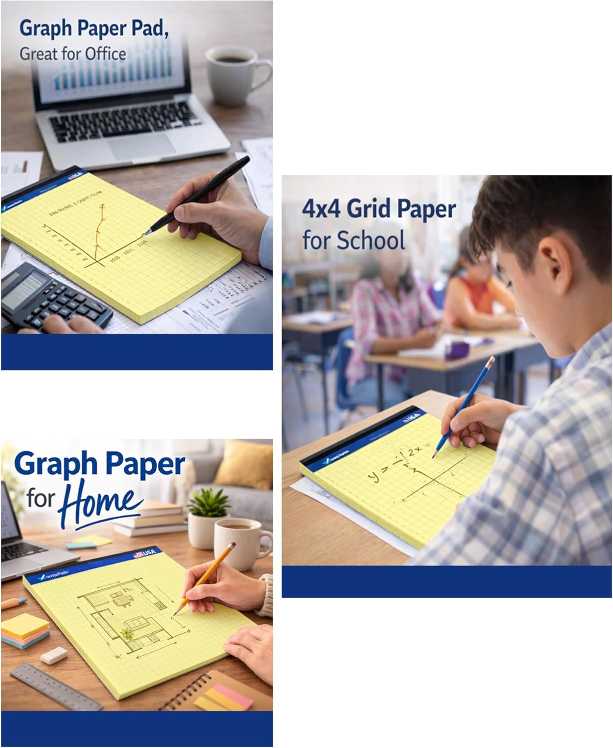 Graph Paper Pads 8.5 x 11, 4x4 Quad Ruled Graph Paper, 2 Pack, 50 Sheets Per Pad, White Graphing Paper Notebook with Sturdy Back & Micro-Perforated Pages, Made in USA, for School, Math, Drafting & Office