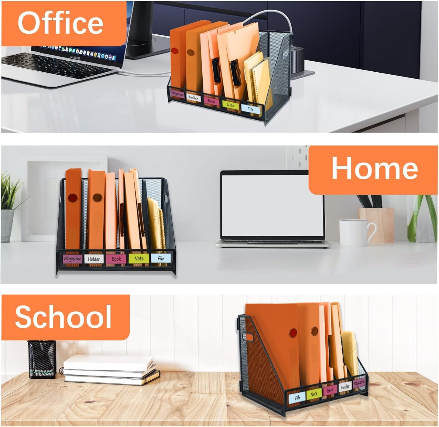 Magazine file holder for desk with 5 Vertical Compartments Folder Storage Binder Organizer for Office Home School Organization, Black