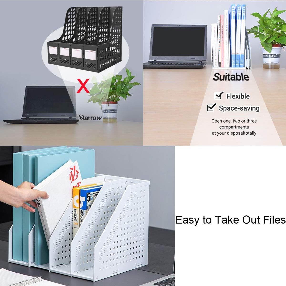 Lemical Magazine Holder 4 Vertical Compartments Collapsible Magazine File Holder Space Saving Rack Home Kitchen Desk Organizer No Need Assemble (Black)