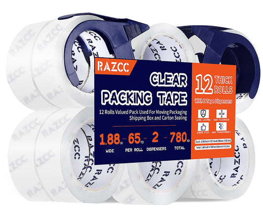 RAZCC Packing Tape, 18 Rolls Clear Heavy Duty Packaging Tape with Dispensers for Packing, Shipping, Moving and Mailing, Thicker Sealing Tape-1.88" x 65 Yards Per Roll, 1170 Total Yards