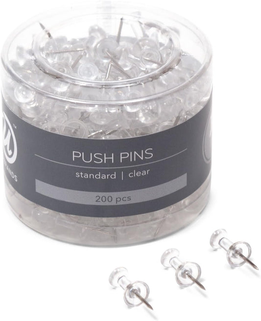 U Brands Push Pins, Clear Plastic Head Thumbtacks, Steel Point, 200-Count