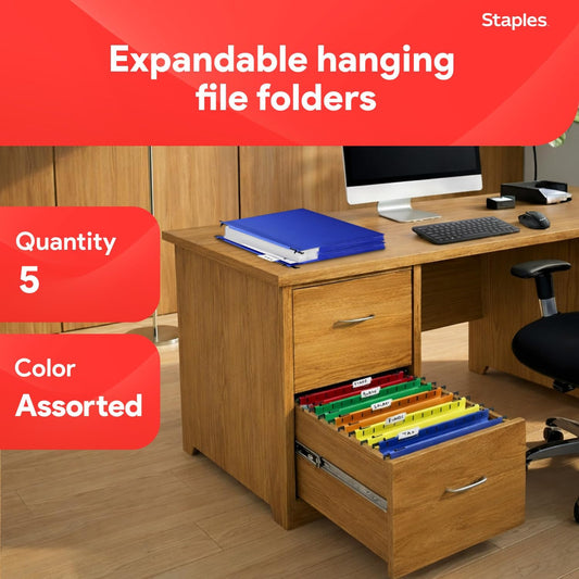 Staples Poly Expanding Hanging File Pockets, Letter Size, Assorted Colors, Durable Poly Construction – 5/Pack
