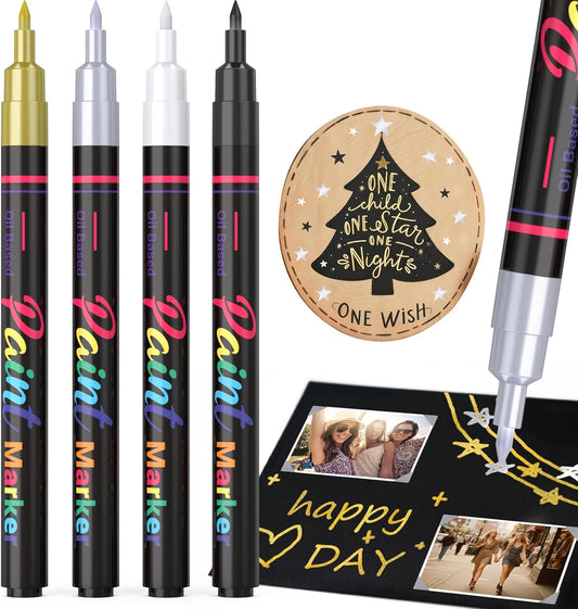 DAPAWIN Permanent Oil Based Paint Markers: 4 Colors Waterproof Permanent Paint Pens for Metal, Rock, Wood Craft, Plastic, Fabric, Diy Christmas Gift, Engineer Detail Work, Fine Point Oil Based Marker