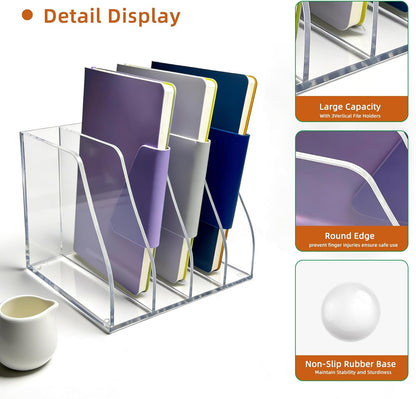 Acrylic Magazine File Holder, 4 Vertical Compartments Desk Document Sorter Organizer, Clear Folder Rack Binder for Office, Tablets, Magazines, Books – Home/Classroom Rack, 5mm Thick