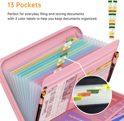 Tamfile Fireproof Accordion File Organizer with Handle, 13 Pocket Transparent Expanding File Folder with Zipper & Labels, File Folder with Multi-Pockets Paper Organizer Folder for Letter A4 Files