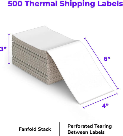 Rollo Direct Thermal Shipping Labels - Pack of 500 4x6 Thermal Labels Fanfold - Perforated and Strong Adhesive (Commercial Grade)