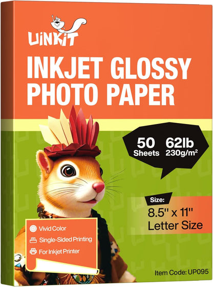 Uinkit 100 Sheets Thick Inkjet Glossy Photo Paper Picture 8.5x11 62lb 230g 11.1mil Cardstock Postcard Brochure For Dye Ink Inkjet Printer