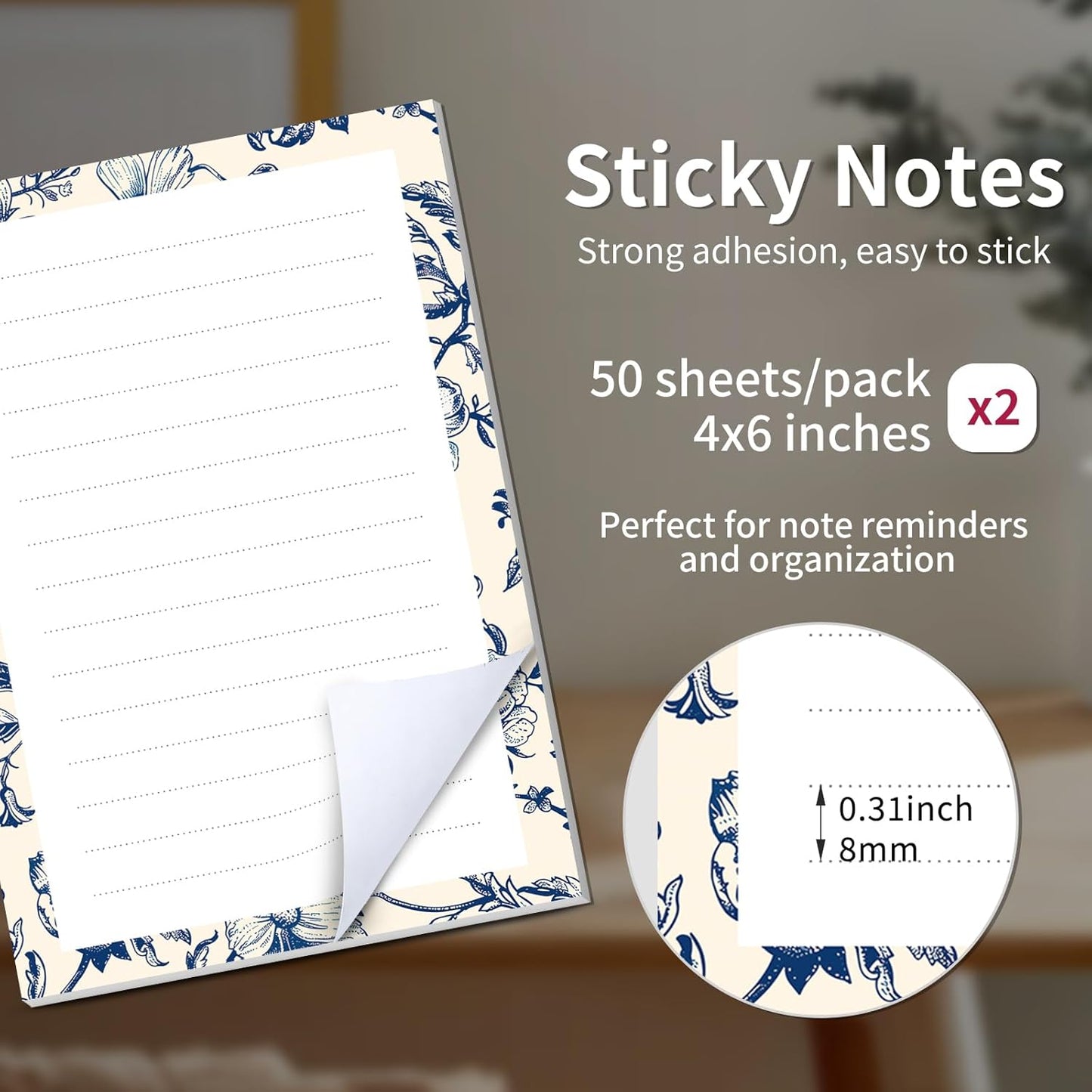 2 Pack Sticky Notes 4x6 in, Funny Large Notepads with Lines, Cute Self-Stick Memo Note Pads for Office, Home, Meeting Luxury Boho Flowers