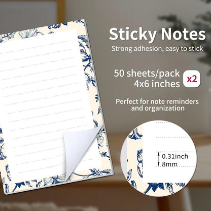 2 Pack Sticky Notes 4x6 in, Funny Large Notepads with Lines, Cute Self-Stick Memo Note Pads for Office, Home, Meeting Luxury Boho Flowers