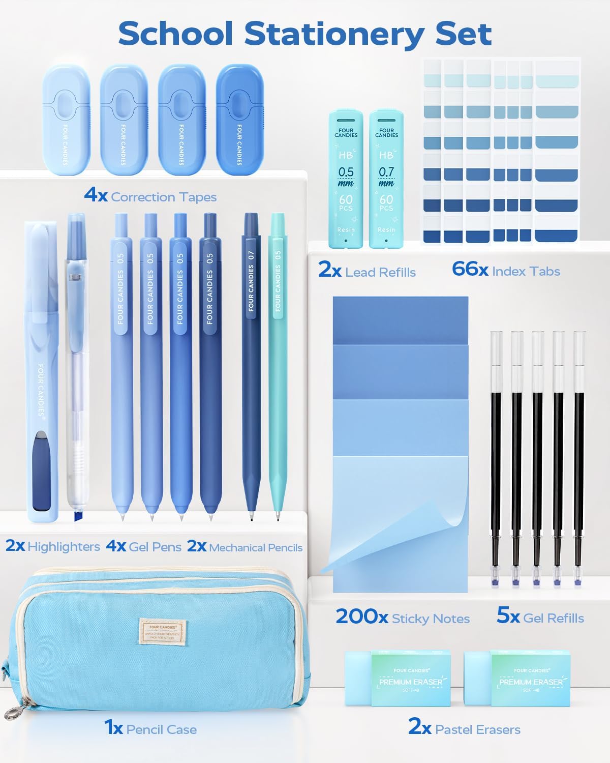 Four Candies Blue School Supplies, Gel Pens with Black Ink, Correction Tapes,Pastel Highlighters, Mechanical Pencils, Sticky Notes, Index Post for Bible Study Stationary College Essentials