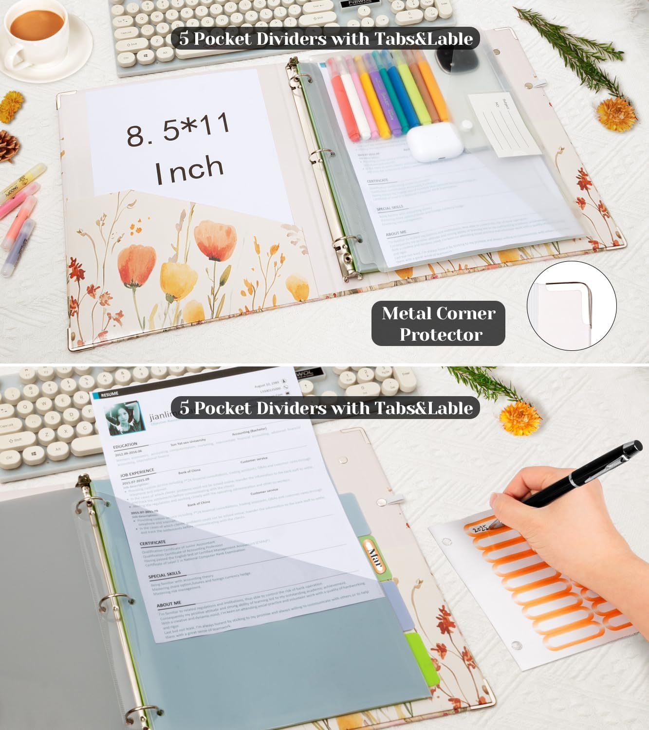 3 Ring Binder 1 Inch, Three Ring Binders Organizer with Clipboard, 5-Tabs Pockets Dividers, Plastic Folder, 18 Divider Stikers, BVSSX Pretty Binder with Pen Loop (Black Weeds, Letter Size)