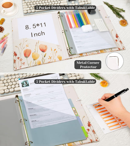 3 Ring Binder 1 Inch, Three Ring Binders Organizer with Clipboard, 5-Tabs Pockets Dividers, Plastic Folder, 18 Divider Stikers, BVSSX Pretty Binder with Pen Loop (Black Weeds, Letter Size)