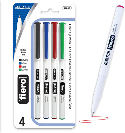 BAZIC Products Fiero Fiber Tip Pen, Fineliner Pens 0.4mm Blue Color Extra Fine Point, Writing Drawing for Graphic Office School (4/Pack), 1-Pack