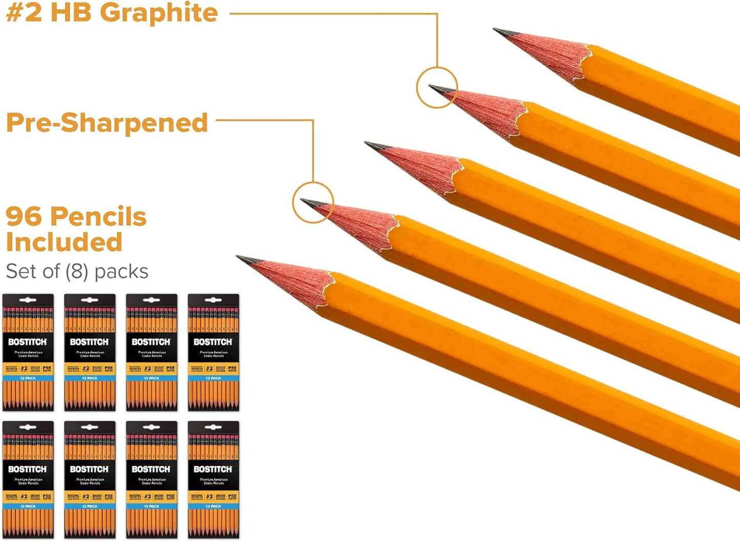 Bostitch Office Premium #2 Pencils, American Cedar Wood, Pre-Sharpened, HB Graphite, 12-Pack