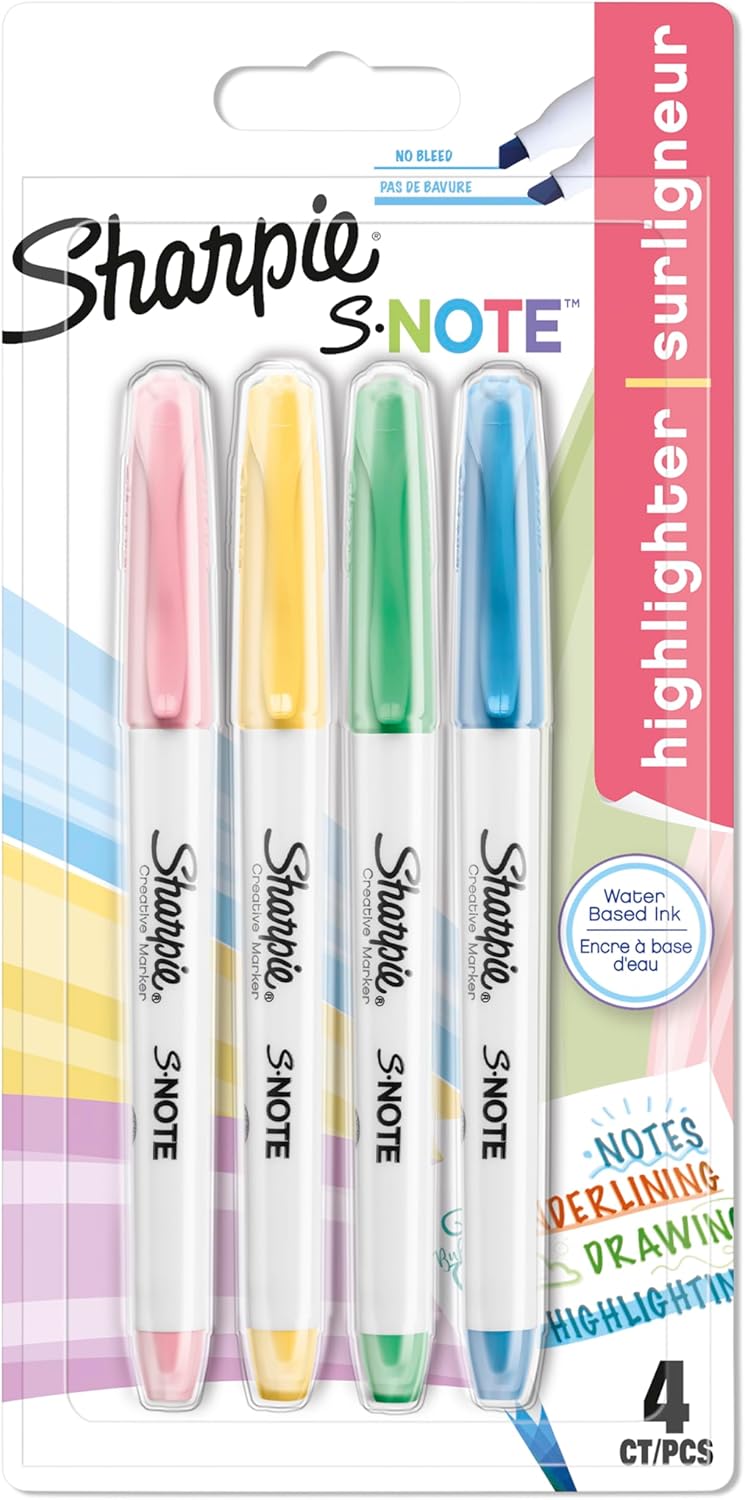 Sharpie S-Note Highlighter Pens | Part Art Marker Pen, Part Highlighter to Draw, Write & More | Assorted Pastel Colours | Chisel Tip | 4 Count