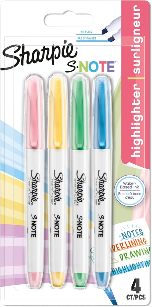 Sharpie S-Note Highlighter Pens | Part Art Marker Pen, Part Highlighter to Draw, Write & More | Assorted Pastel Colours | Chisel Tip | 4 Count