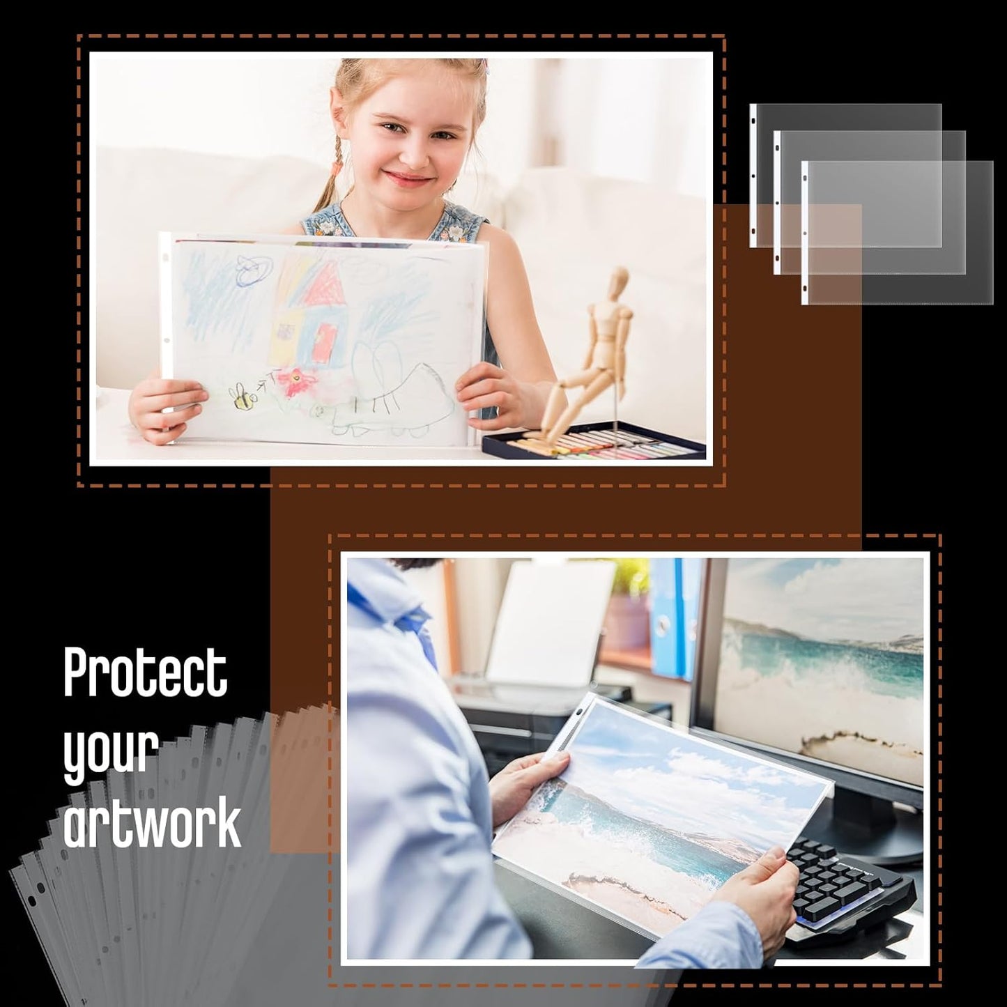 Gilprop 50 Pack 11 x 14 Inch Sheet Protectors, Heavyweight Landscape Sleeves 11 x 14 Ledger Size Clear Plastic Binder Sleeves, 3 Hole Punched Fits 3 Ring Binders