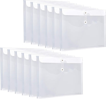 FANWU Plastic Letter Size Envelopes with Button & String Tie Closure, 1-1/6" Expansion, Side Load, Clear Poly Reusable File Folders Project Paper Documents Organizer for Office School & Home