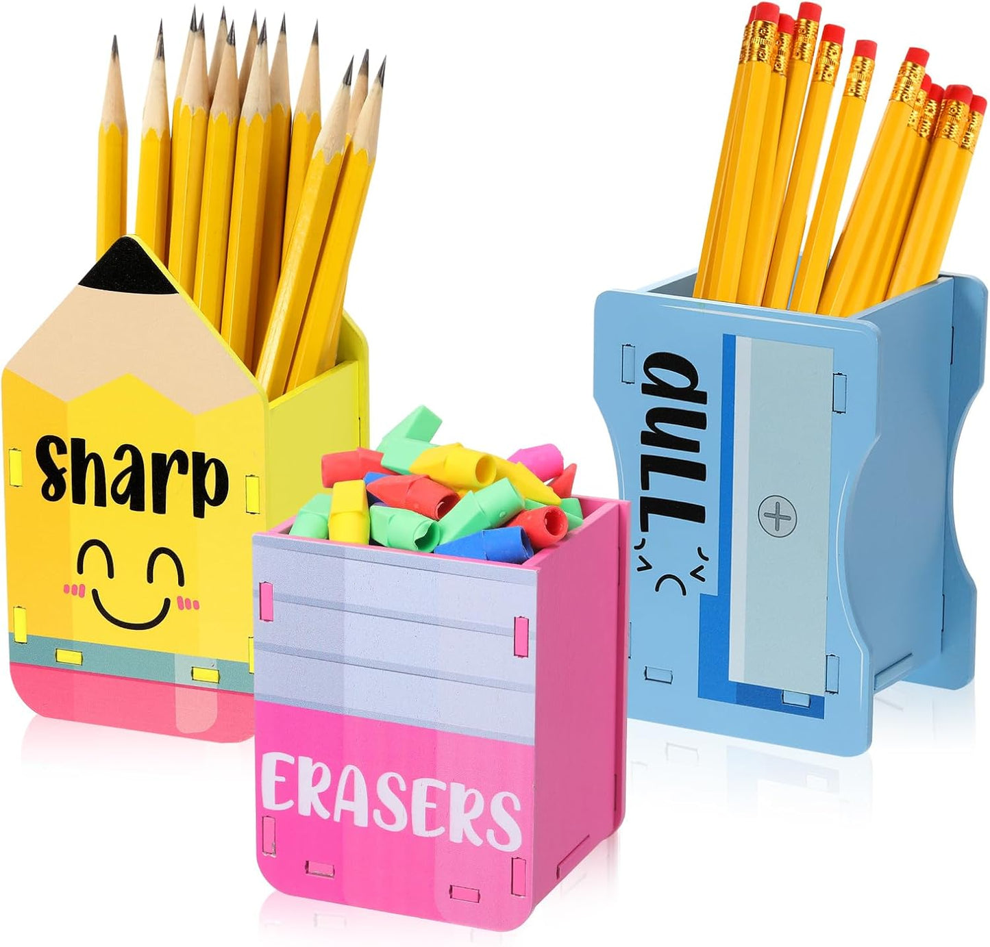 AmazingSpark 3 Pcs Pencil Shaped Holder Sharp and Eraser and Dull Holder Wooden Dispenser Pencil Storage Organizer for Back to School Management Organization (Classic)