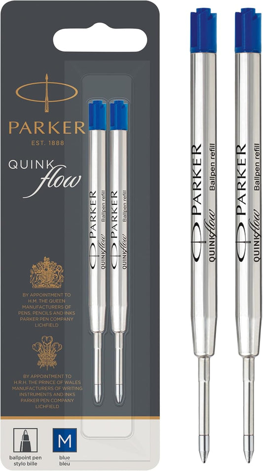 PARKER QUINKflow Ballpoint Pen Ink Refill, Medium Tip, Blue, 2 Pack