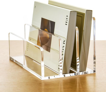 5 Compartments Clear Acrylic Mail Holder – Vertical Letter Sorter & Multifunction Desk Organizer for Bills, Documents, Notebooks – Modern Office/Home Envelope File Rack