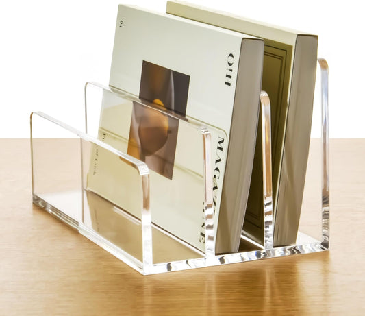 5 Compartments Clear Acrylic Mail Holder – Vertical Letter Sorter & Multifunction Desk Organizer for Bills, Documents, Notebooks – Modern Office/Home Envelope File Rack