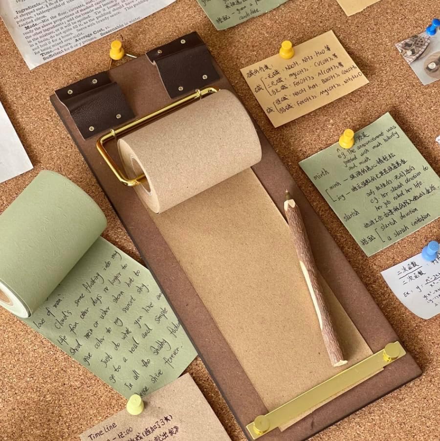 Retro Wall Mounted Memo Board with 1 Natural Dark Green Roll – Rustic Clipboard Notepad, Tearable Writing Pad for Notes, Menu, Kitchen, Café and Home Office Decoration