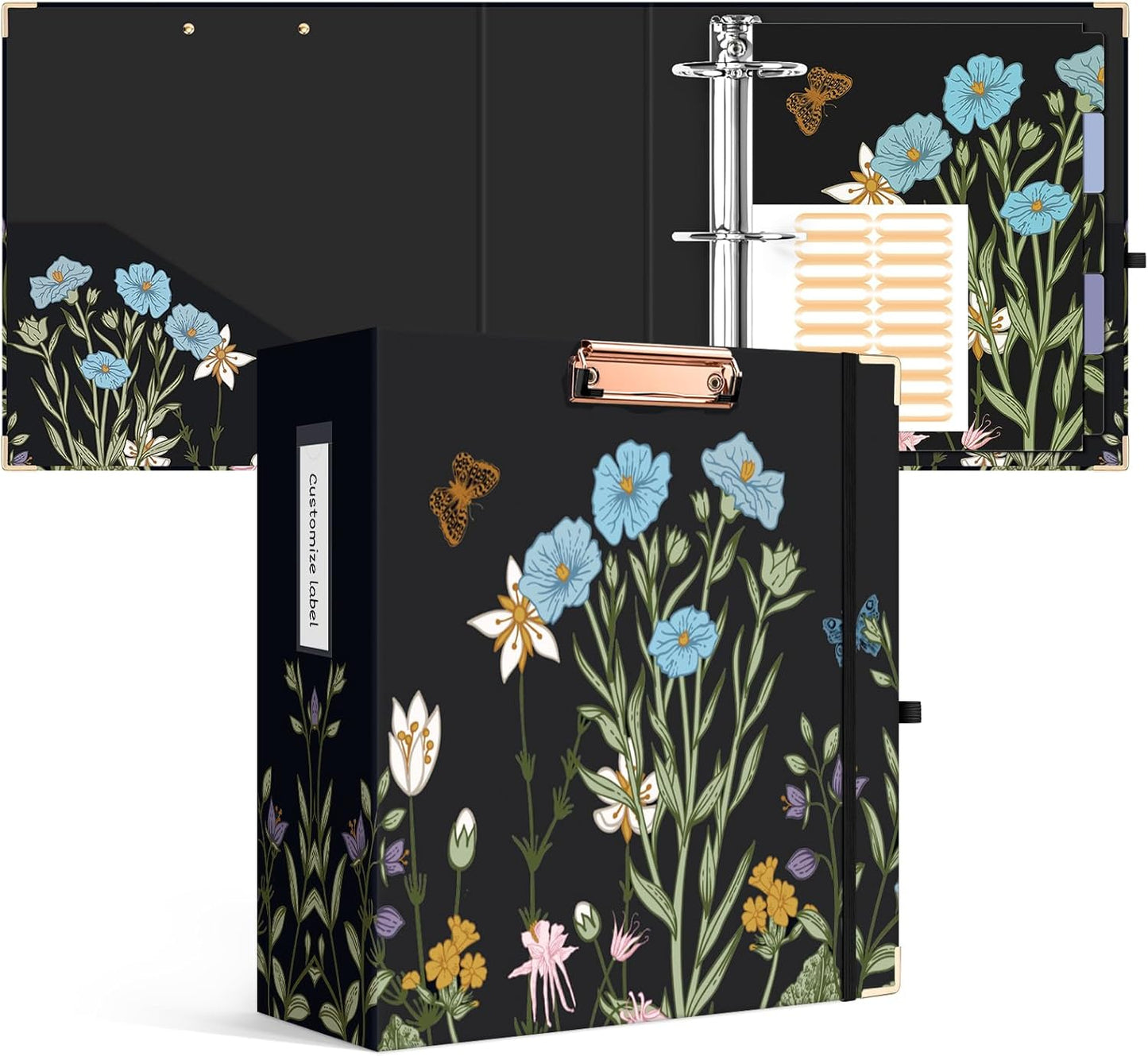 Ospelelf Binder 3 Ring 1 Inch, Floral Round Ring Clipboard Binder for Letter Size with 5 Tab Dividers, File Folder Labels, for School and Office Supplies