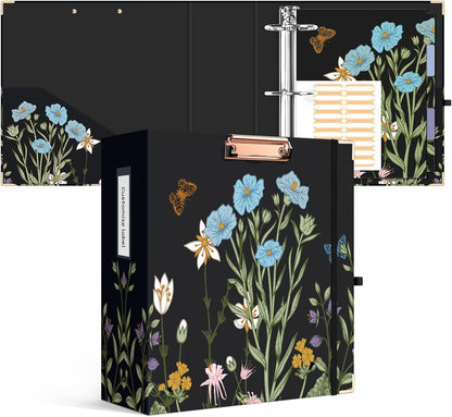 Ospelelf Binder 3 Ring 1 Inch, Floral Round Ring Clipboard Binder for Letter Size with 5 Tab Dividers, File Folder Labels, for School and Office Supplies