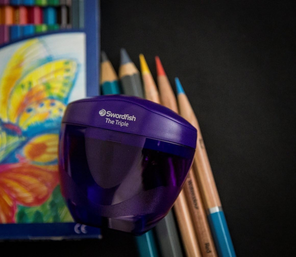 Swordfish ‘The Triple’ Three Hole Pencil Sharpener with Mess-Free Canister [Pack of 1] 8-16 mm [40228s], Purple