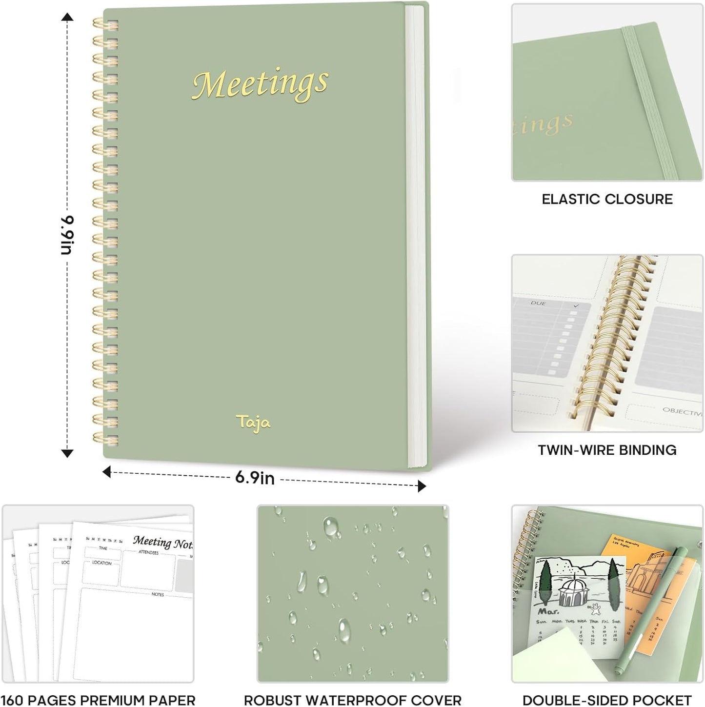 Taja Meeting Notebook for Work Organization - Work Planner Notebook with Action Items, Agenda Planner for Note Taking, 160 Pages (6.9" X 9.9") Project Organizer for Men & Women - Blue