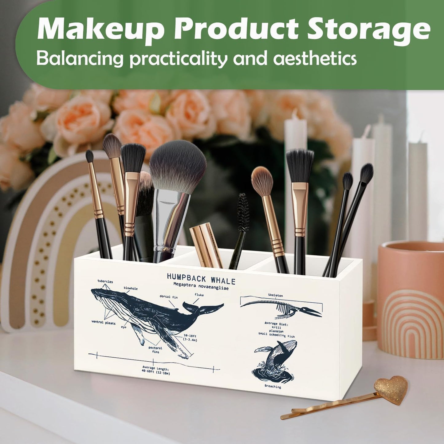 Killer Whale Gifts Wooden Pen Pencil Holder, Whale Shark Gifts for Ocean Lovers, Marine Biology Wooden Makeup Brush Organizer