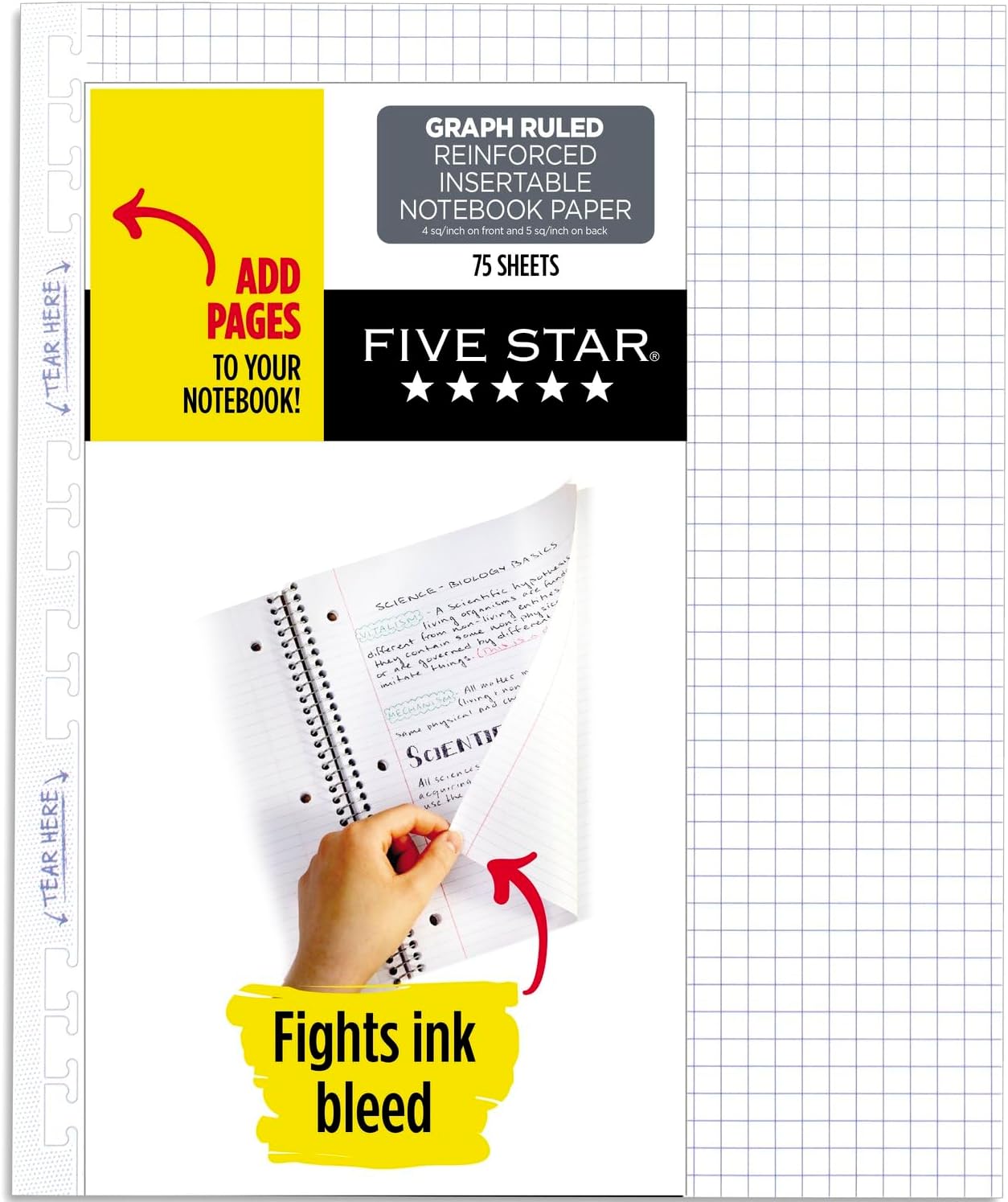 Five Star Loose Leaf Paper, Graph Ruled Insertable Notebook & Binder Filler Paper, 8-1/2" x 11", Reinforced T-Tabs, 75 Sheets (170180)
