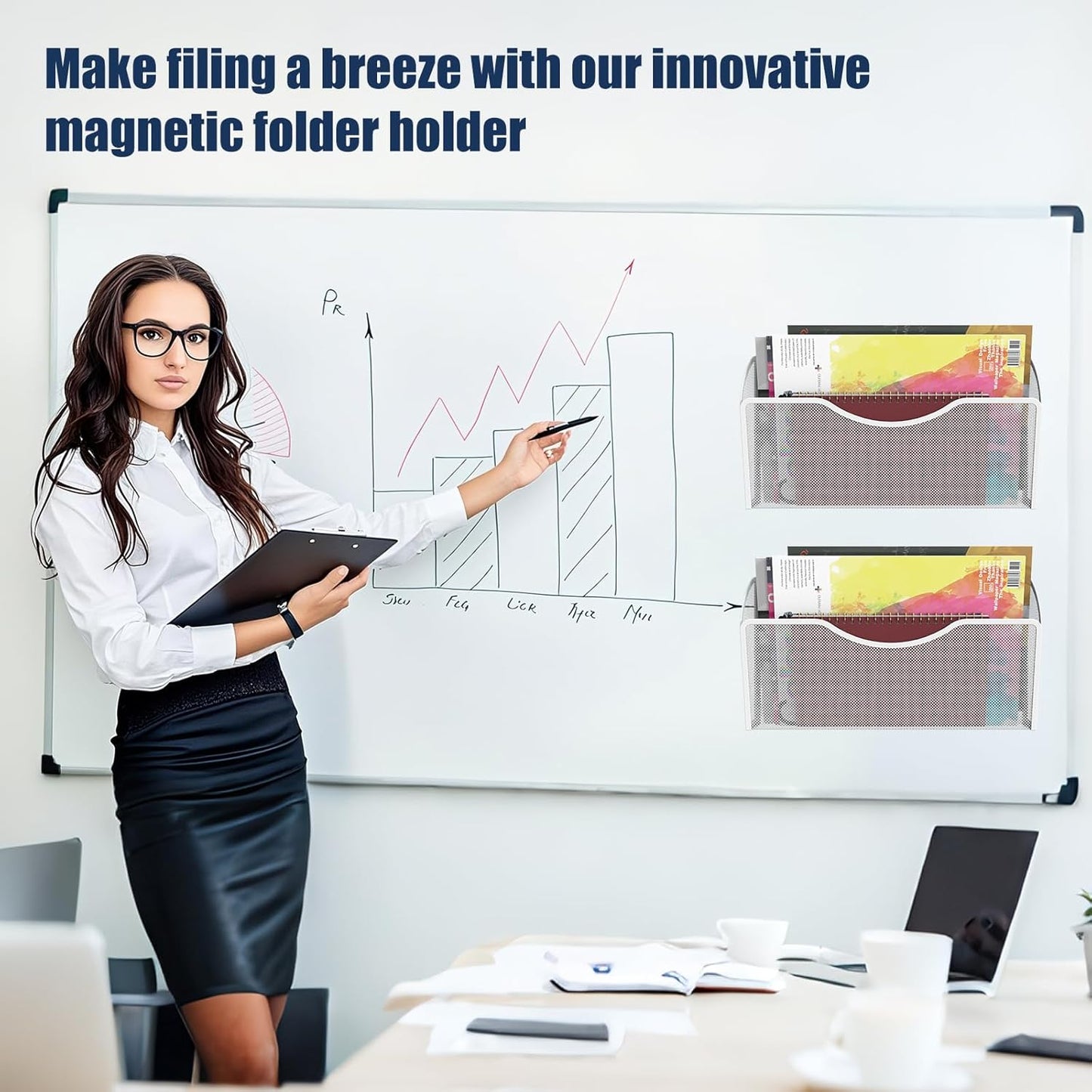 Magnetic File Holder 3 Pockets File Folder Organizer, Office Hanging Magazine Rack for File Cabinets, Magnetic Paper Holder, No Drilling Mail Organizer for Refrigerator, Whiteboard, Office, Kitchen