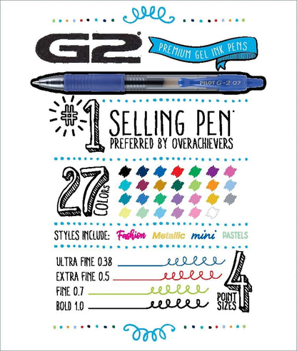 Pilot G2 Premium Refillable And Retractable Gel Ink Pens, Fine Point (0.7mm), 8 Colors, 8 Count (16606)