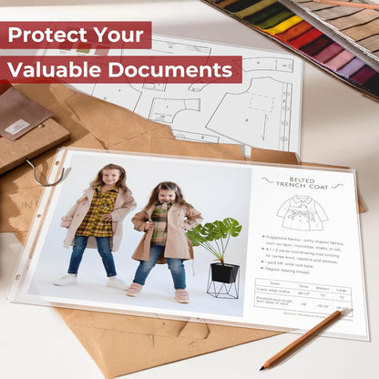 Dunwell 11x17 Sheet Protectors Landscape - (50 Pack, Heavyweight), 11 x 17 Ledger Size Plastic Sleeves, 3 Hole Punched, Fits 3-Ring Binders, Clear Archival Sleeves, Oversized Sheet Protectors