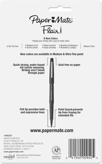 Paper Mate Flair Felt Tip Pens, Medium Point (0.7mm), Limited Edition Candy Pop Pack, 6 Count