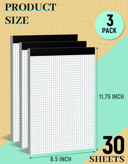Graph Paper Pads 8.5 x 11, 4x4 Quad Ruled, 3 Pack Grid Paper Pad 8.5 x 11, 30 Sheets Perforated Blueprint Quadrille Letter Size Graphing Notebook for Drafting, Drawing, Engineering