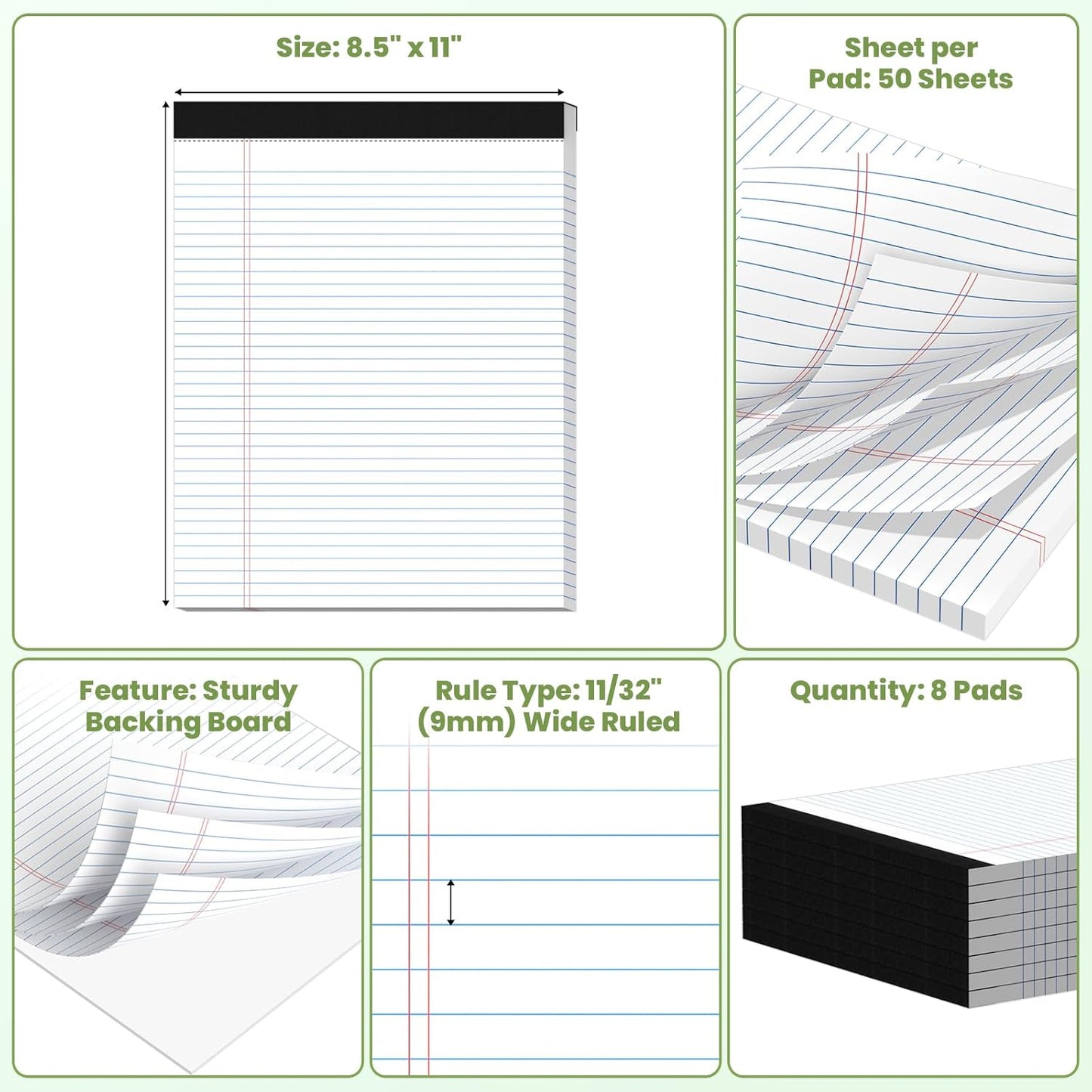 24 Pack Legal Pads 8.5" x 11", Wide Ruled Writing Notepads, 50 Sheets/Pad, Perforated Pages, 1200 Sheets Lined Paper for School Office Supplies