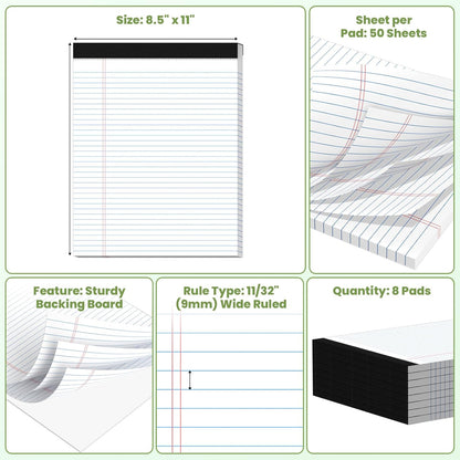 24 Pack Legal Pads 8.5" x 11", Wide Ruled Writing Notepads, 50 Sheets/Pad, Perforated Pages, 1200 Sheets Lined Paper for School Office Supplies